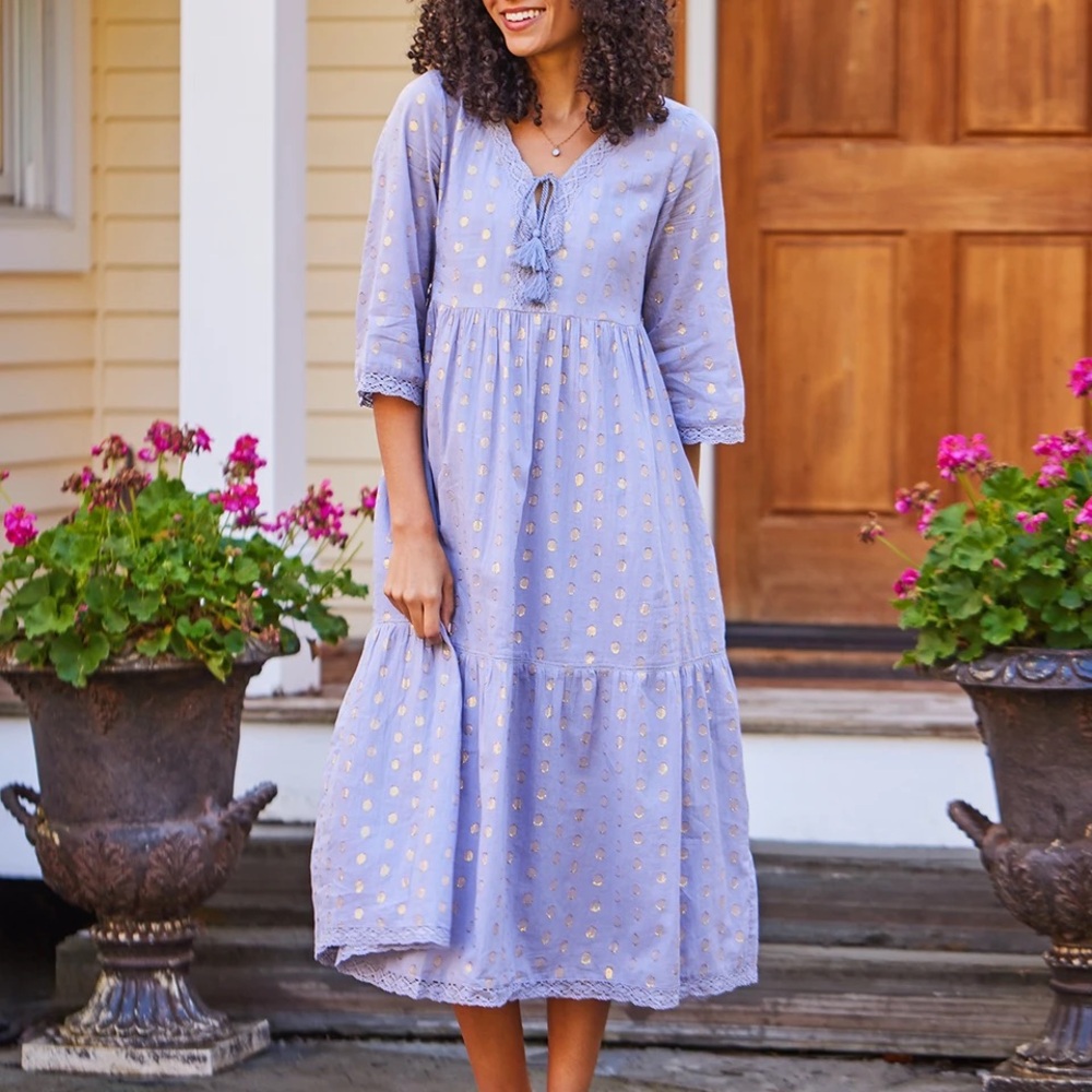 April Cornell Lavender Embellished Dress with Gold Metallic Dots